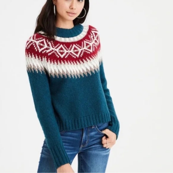 American Eagle Outfitters Sweaters - American Eagle Women’s Teal, Red, & White Fair Isle Sweater – Size Small